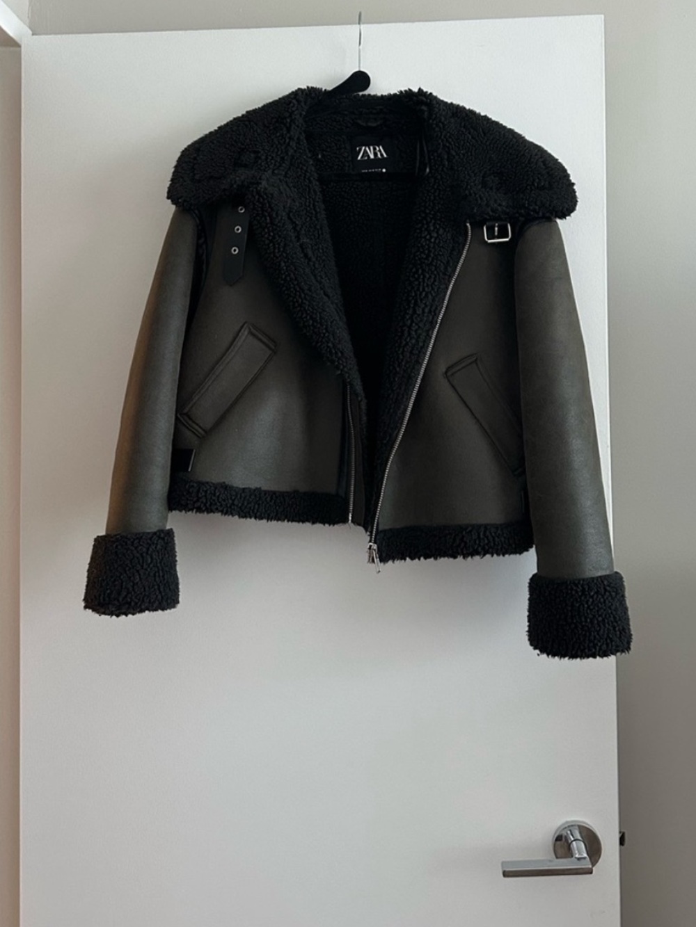 ZARA Women’s Shearling Aviator Jacket - Olive/Black